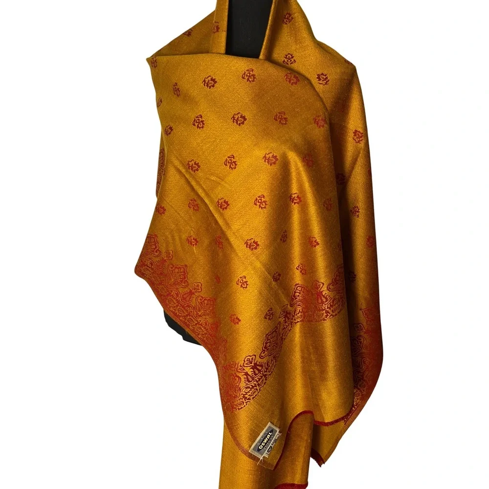 100% Wool Shawl Oswal Paisley Mustard Yellow Maroon Red Wrap Floral Paisley Vtg